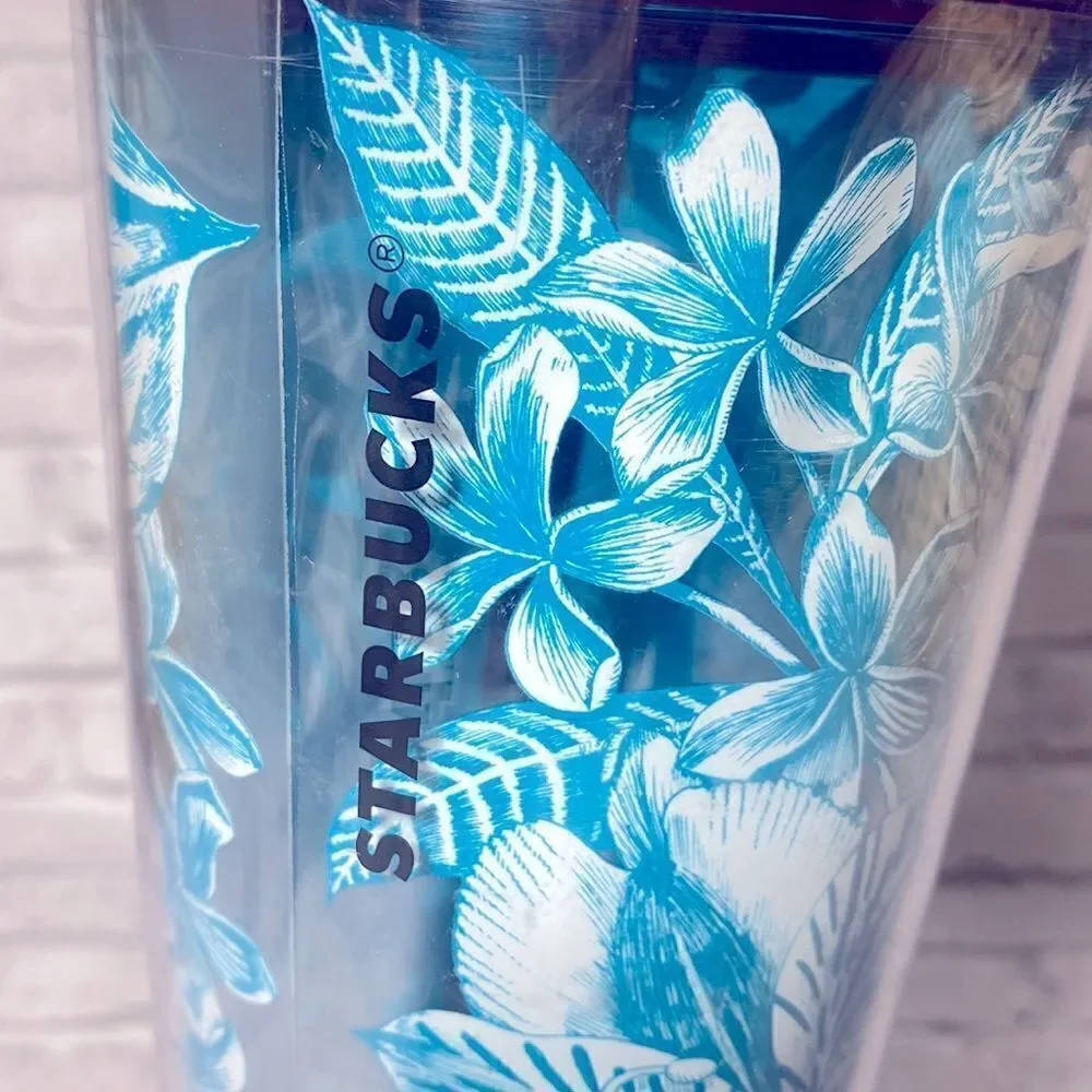 Rare STARBUCKS 2016 Blue‎ Tropical Hawaiian Flowers Tumbler Venti 24 Oz